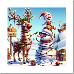 Rudolph, an Elf and a Snowman at the North Pole Posters and Art